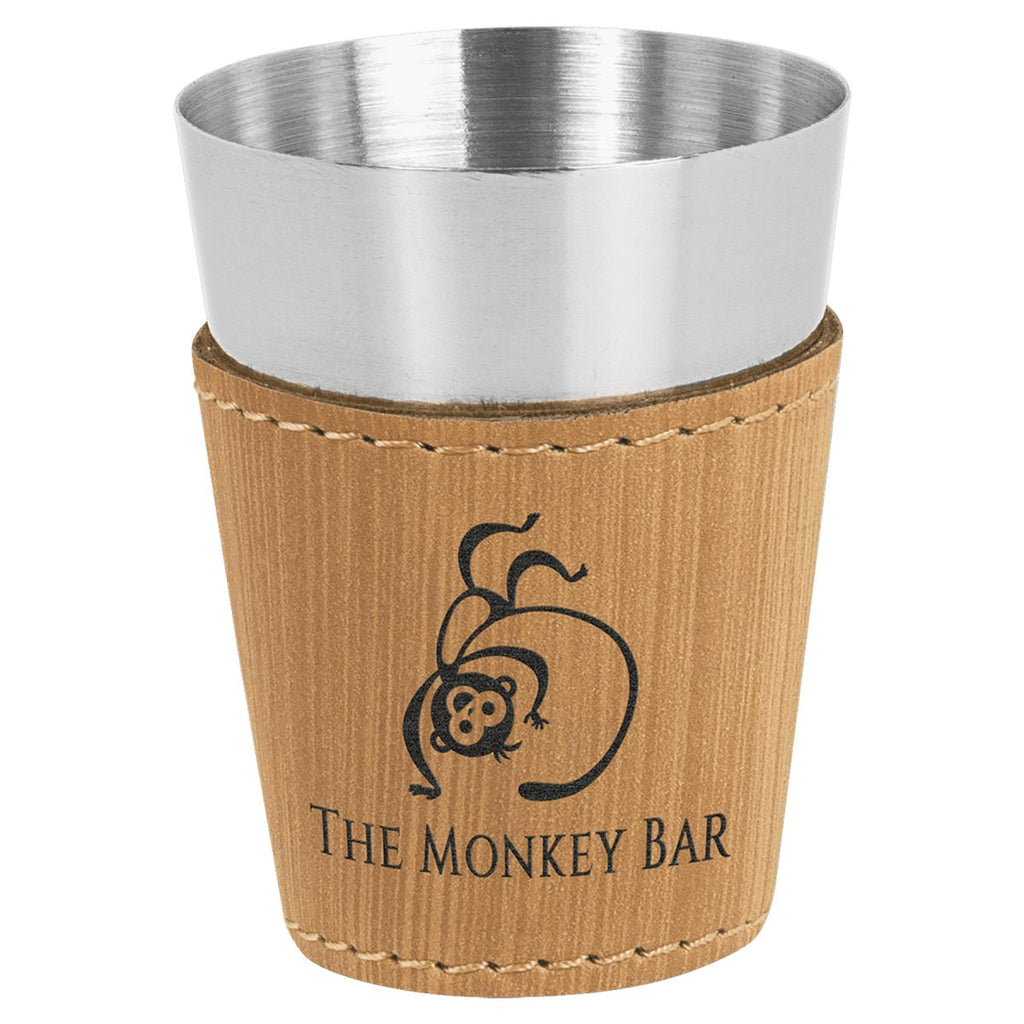 Shot Glass Leatherette & Stainless Steel 2oz Bamboo w/Black Engraving at Artisan Branding Company