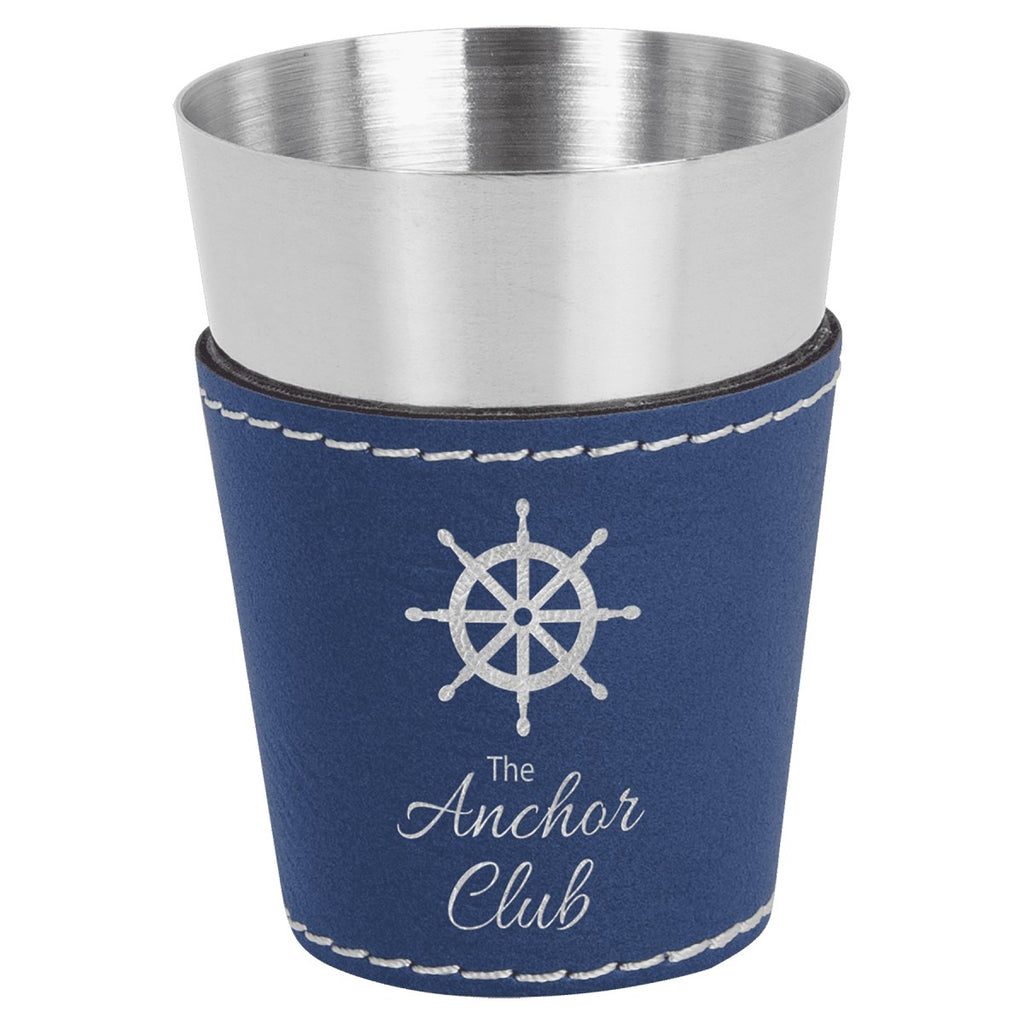 Shot Glass Leatherette & Stainless Steel 2oz Blue w/Silver Engraving at Artisan Branding Company