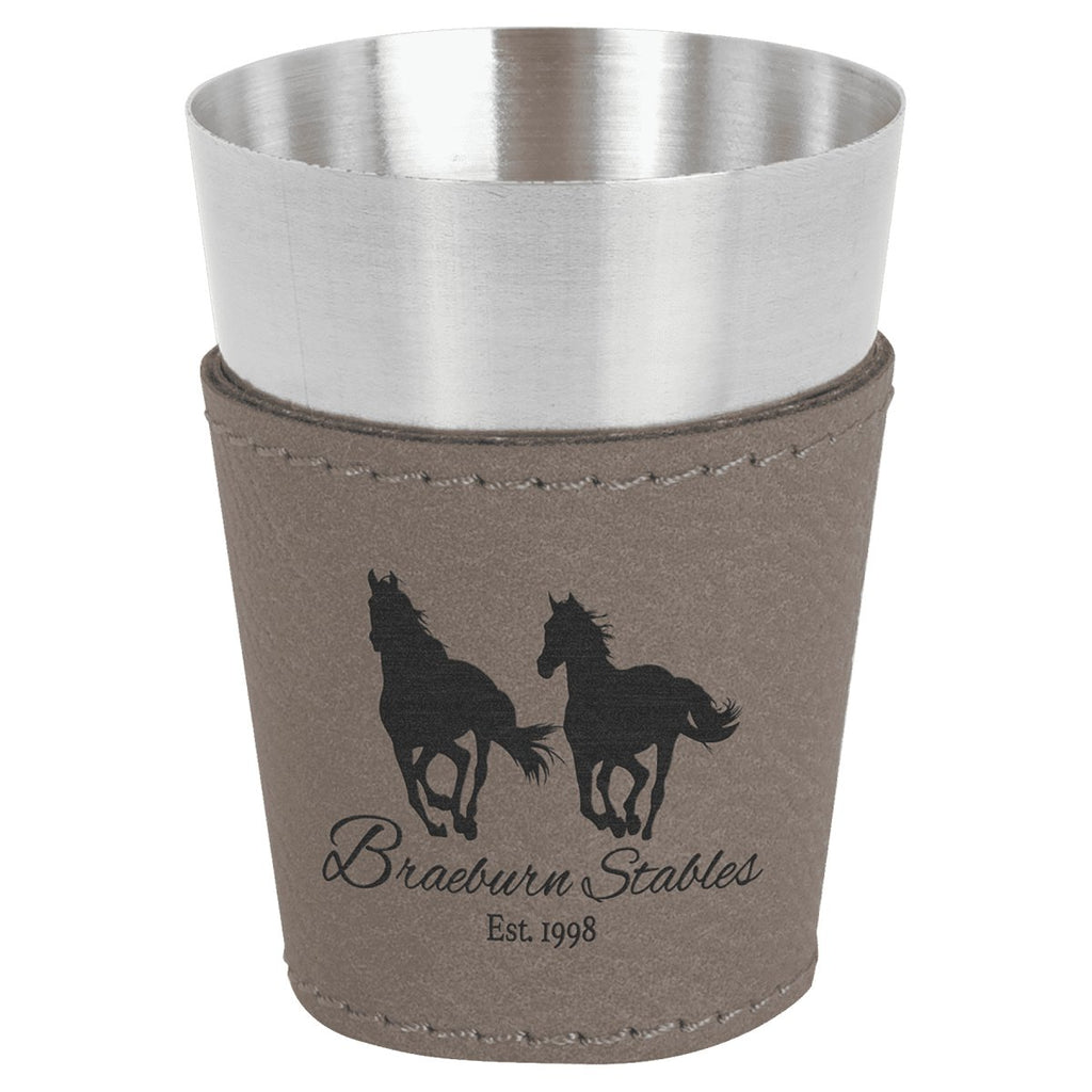 Shot Glass Leatherette & Stainless Steel 2oz Gray w/Black Engraving at Artisan Branding Company