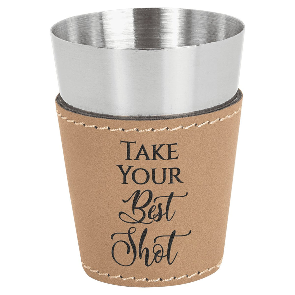 Shot Glass Leatherette & Stainless Steel 2oz Light Brown w/Black Engraving at Artisan Branding Company