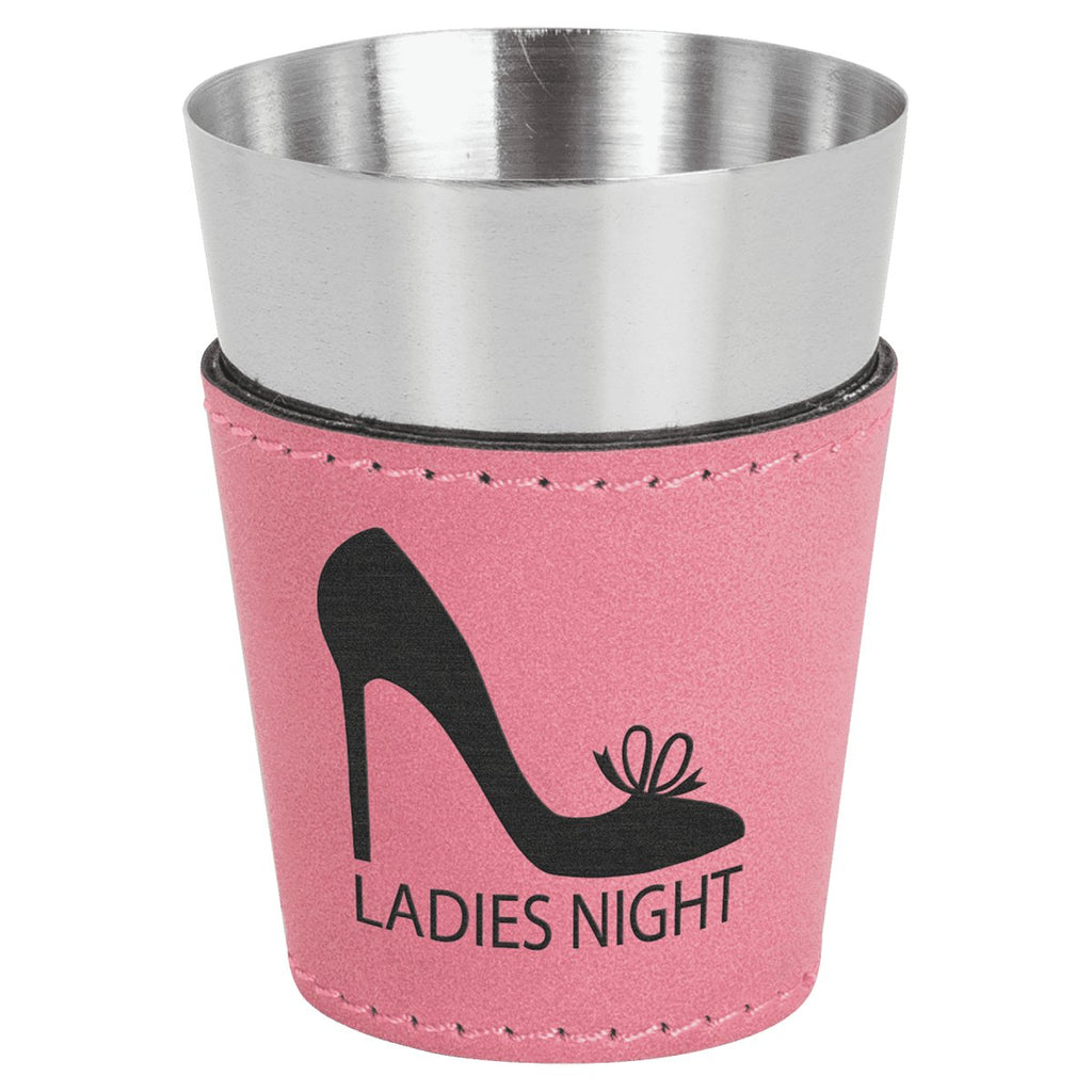 Shot Glass Leatherette & Stainless Steel 2oz Pink w/Black Engraving at Artisan Branding Company
