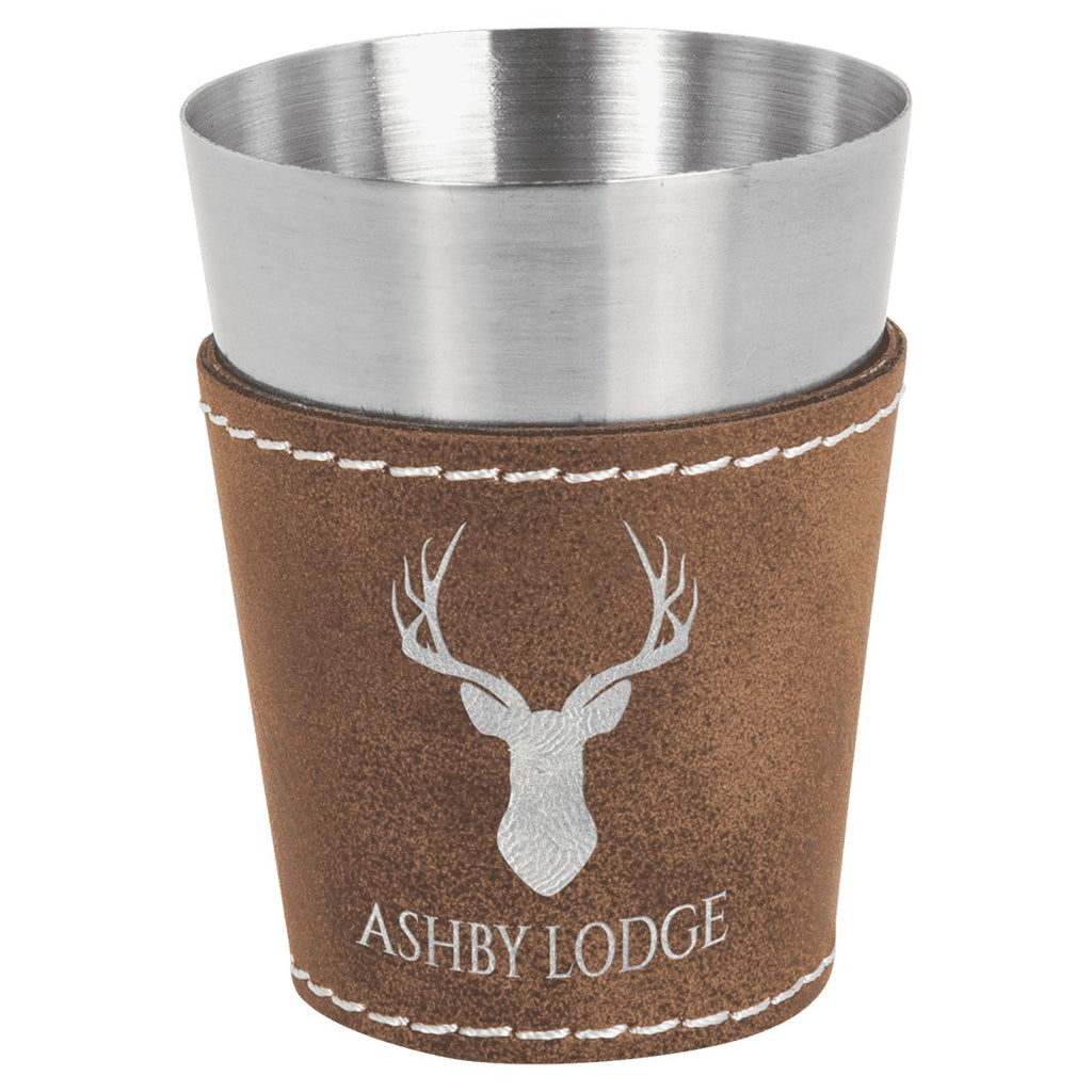 Shot Glass Leatherette & Stainless Steel 2oz Rustic w/Silver Engraving at Artisan Branding Company
