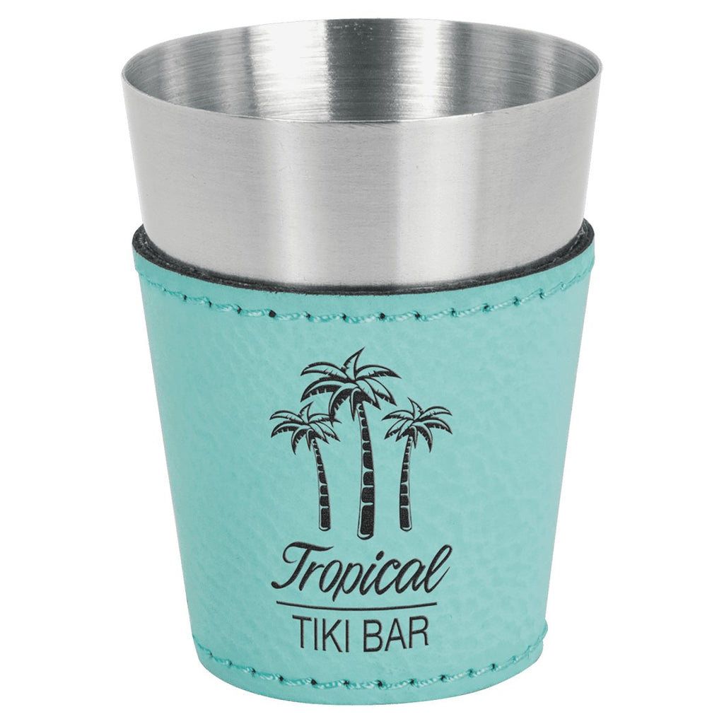 Shot Glass Leatherette & Stainless Steel 2oz Teal w/Black Engraving at Artisan Branding Company