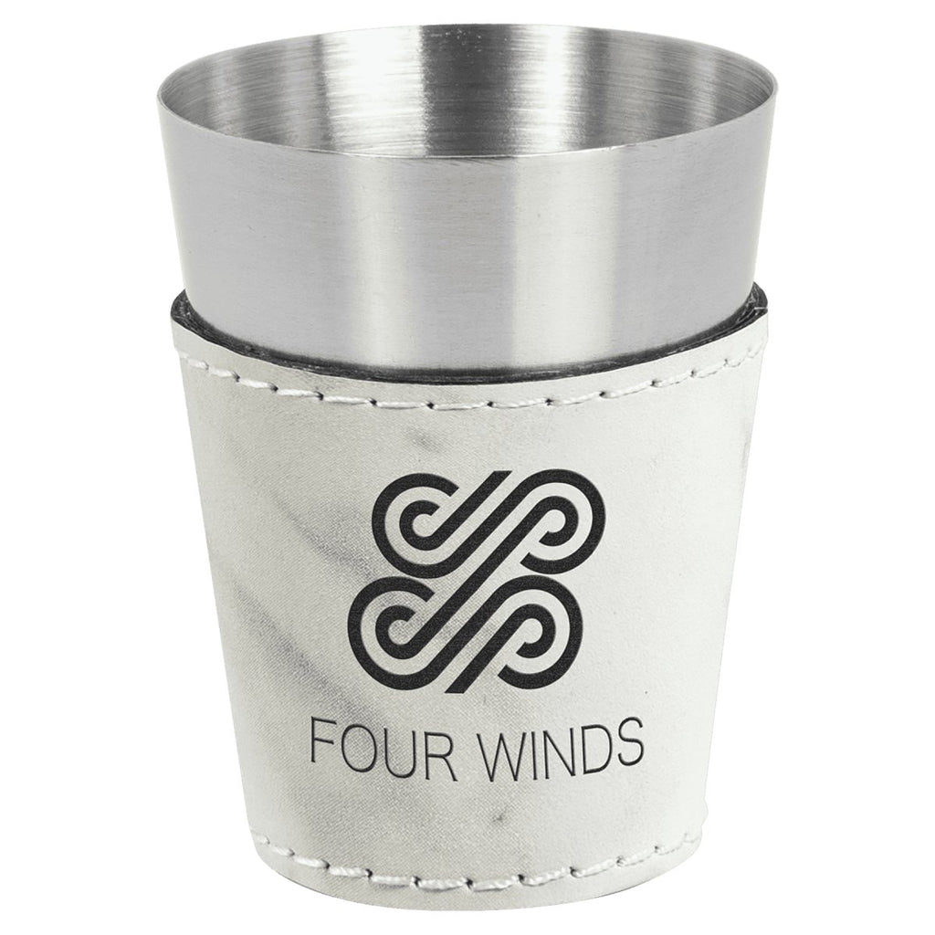 Shot Glass Leatherette & Stainless Steel 2oz White Marble w/Black Engraving at Artisan Branding Company