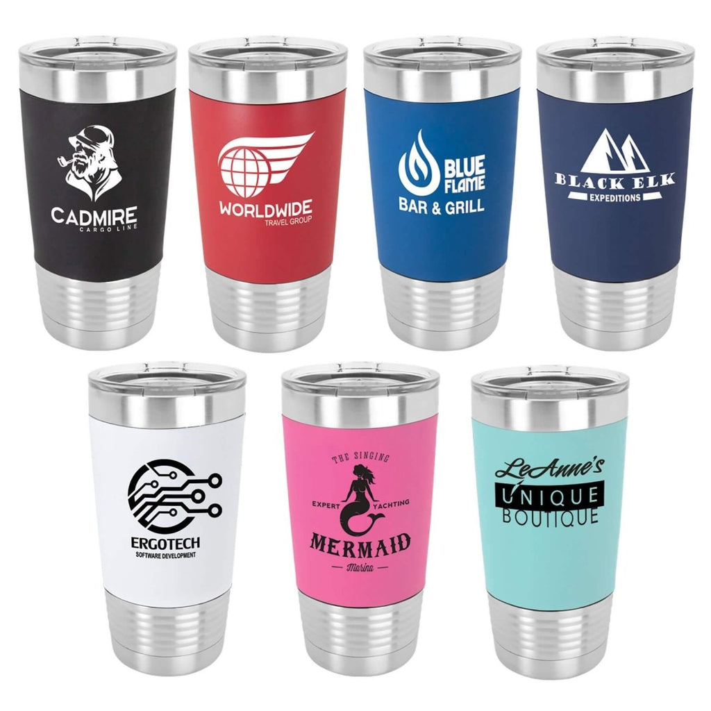 Silicone Grip Tumbler w/Clear Lid 20oz -Polar Camel Navy Blue w/White Engraving at Artisan Branding Company