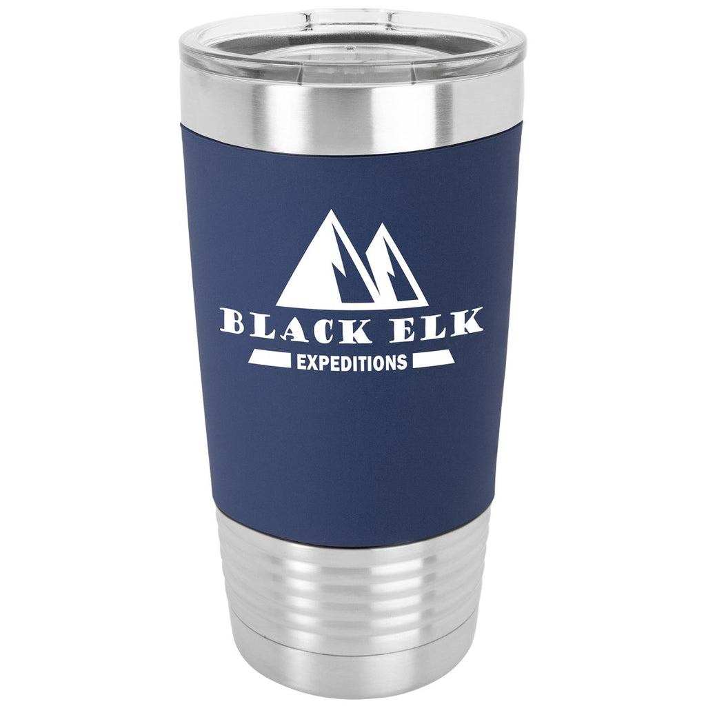 Silicone Grip Tumbler w/Clear Lid 20oz -Polar Camel Navy Blue w/White Engraving at Artisan Branding Company