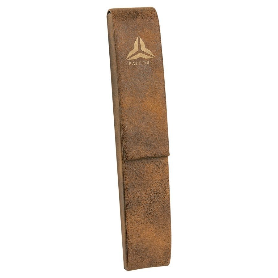 Single Pen Case with Flap Leatherette Rustic w/Gold Engraving at Artisan Branding Company