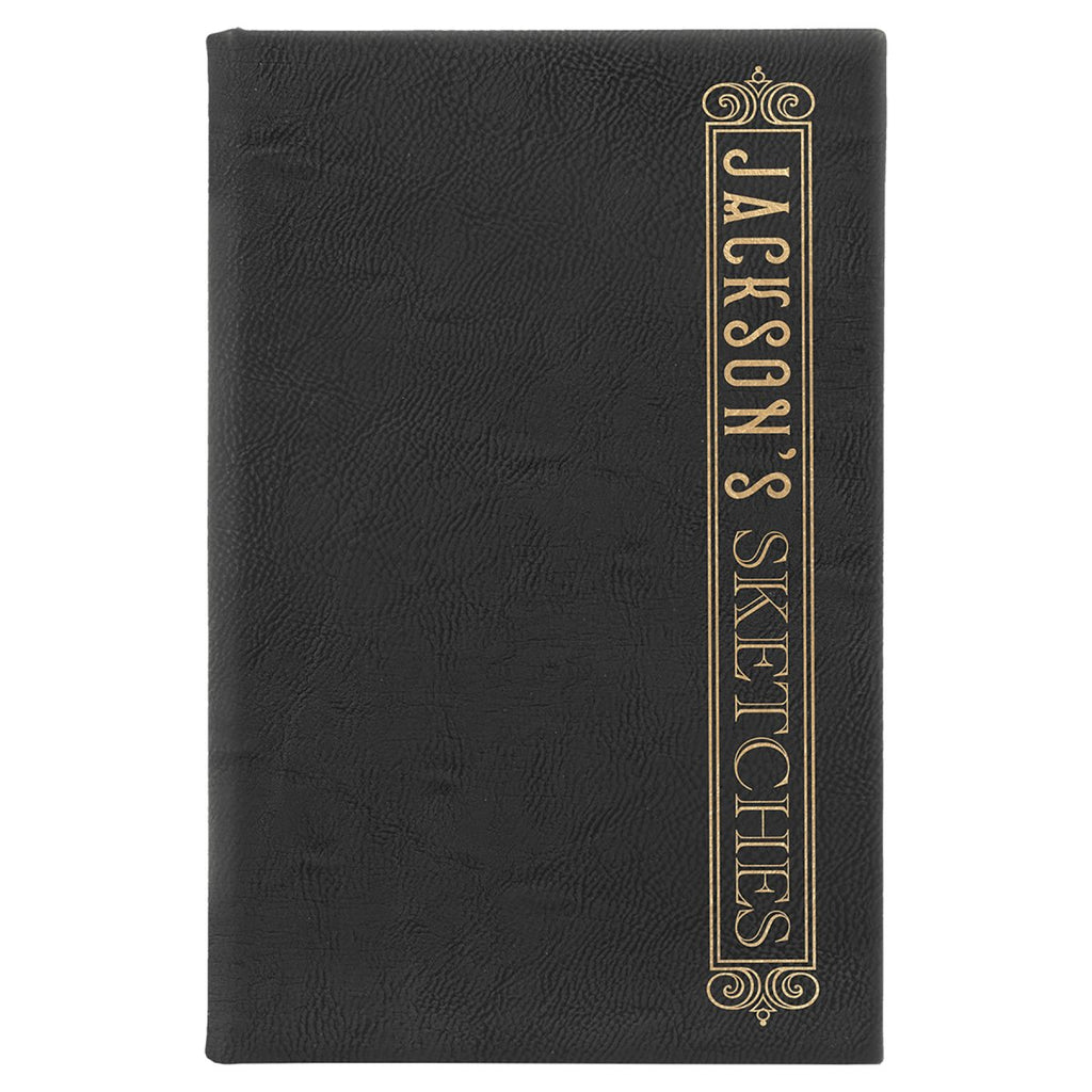 Sketch Book Unlined Leatherette 5 1/4" x 8 1/4" Black w/Gold Engraving at Artisan Branding Company