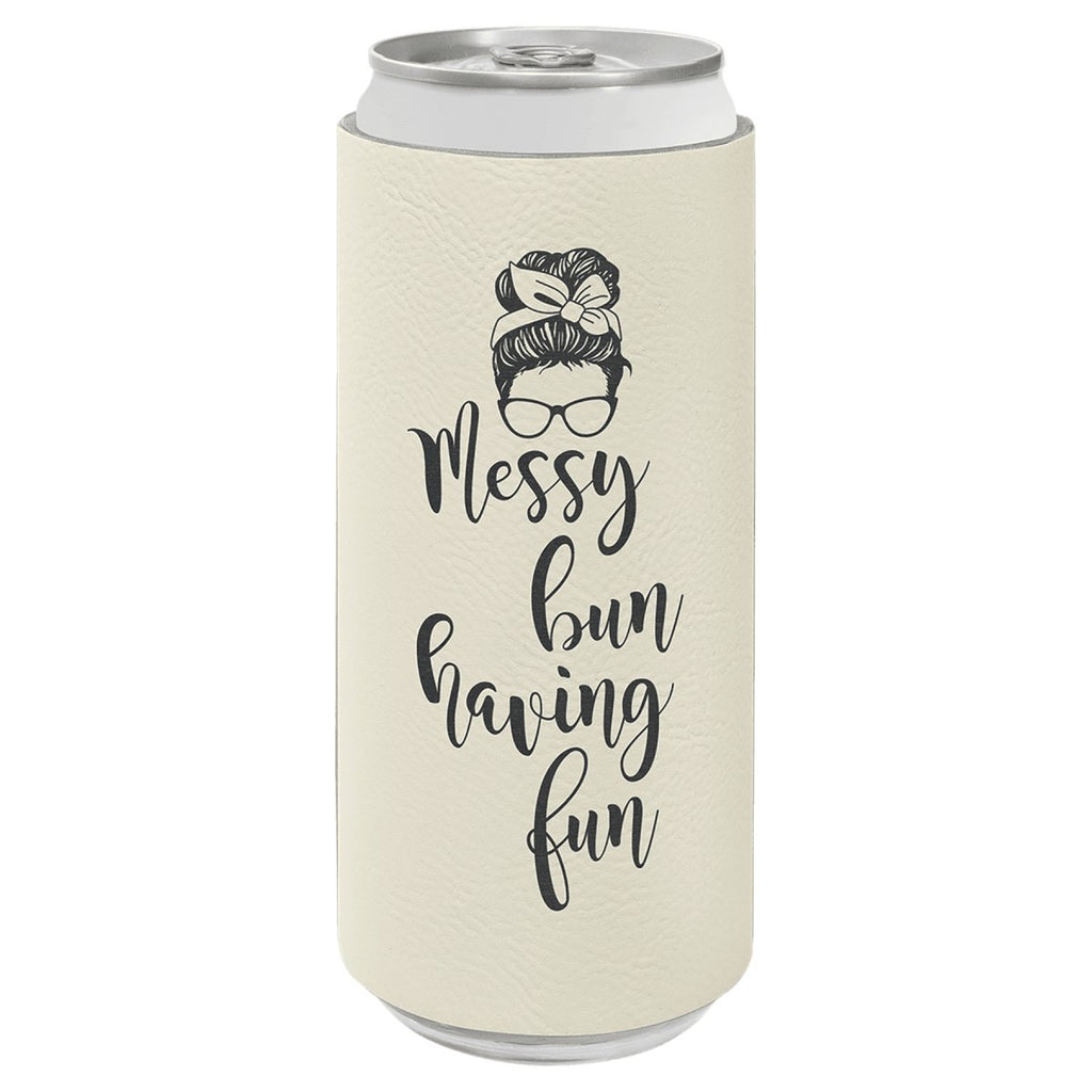 Slim Beverage Holder Leatherette White w/Black Engraving at Artisan Branding Company