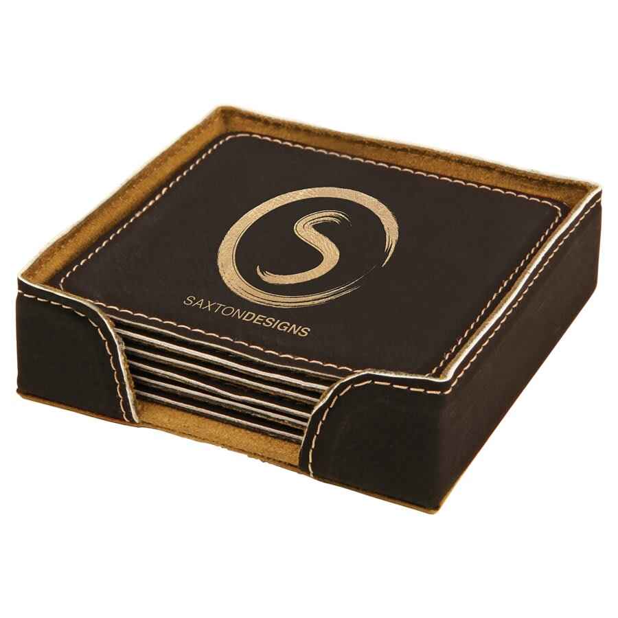 Square Leatherette 6-Coaster Set 4"x4" Black w/Gold Engraving at Artisan Branding Company