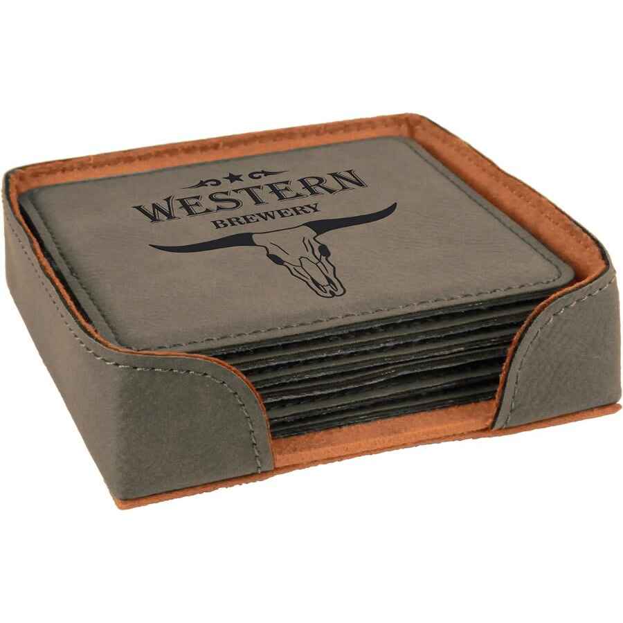 Square Leatherette 6-Coaster Set 4"x4" Gray w/Black Engraving at Artisan Branding Company