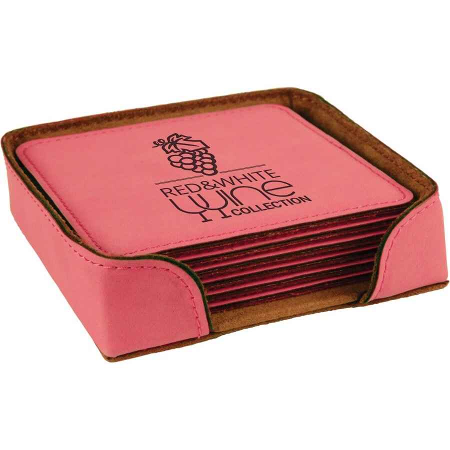 Square Leatherette 6-Coaster Set 4"x4" Pink w/Black Engraving at Artisan Branding Company