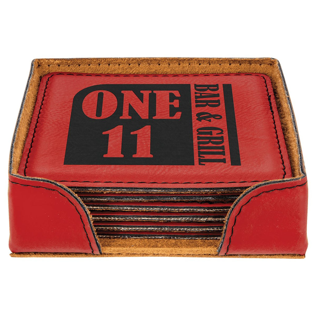 Square Leatherette 6-Coaster Set 4"x4" Red w/Black Engraving at Artisan Branding Company