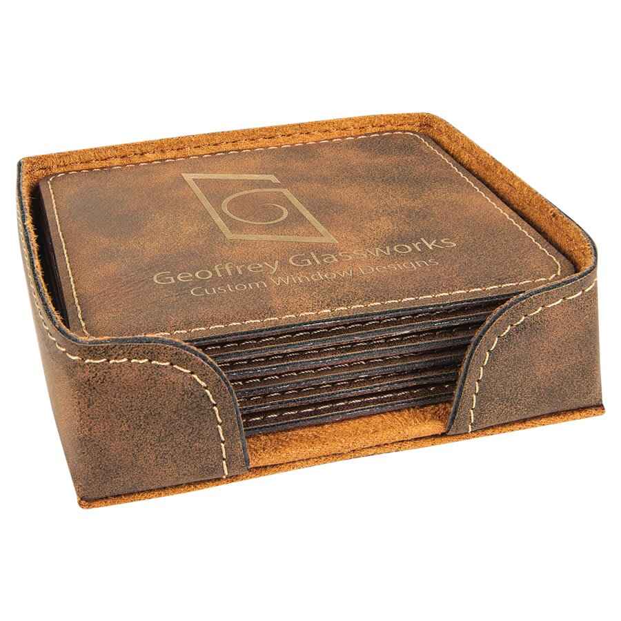 Square Leatherette 6-Coaster Set 4"x4" Rustic w/Gold Engraving at Artisan Branding Company