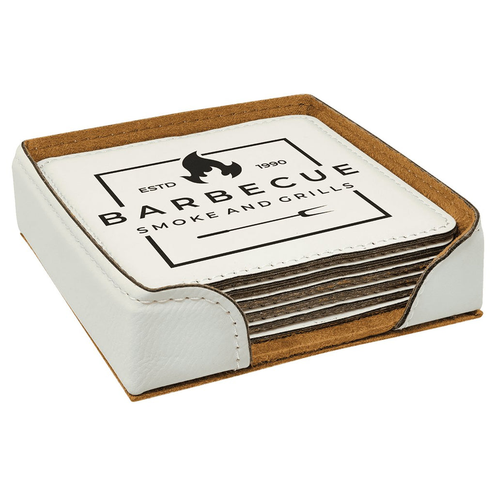 Square Leatherette 6-Coaster Set 4"x4" White w/Black Engraving at Artisan Branding Company