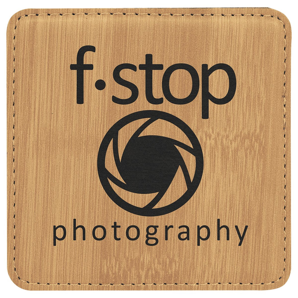 Square Leatherette Coaster 4"x4" Bamboo w/Black Engraving at Artisan Branding Company