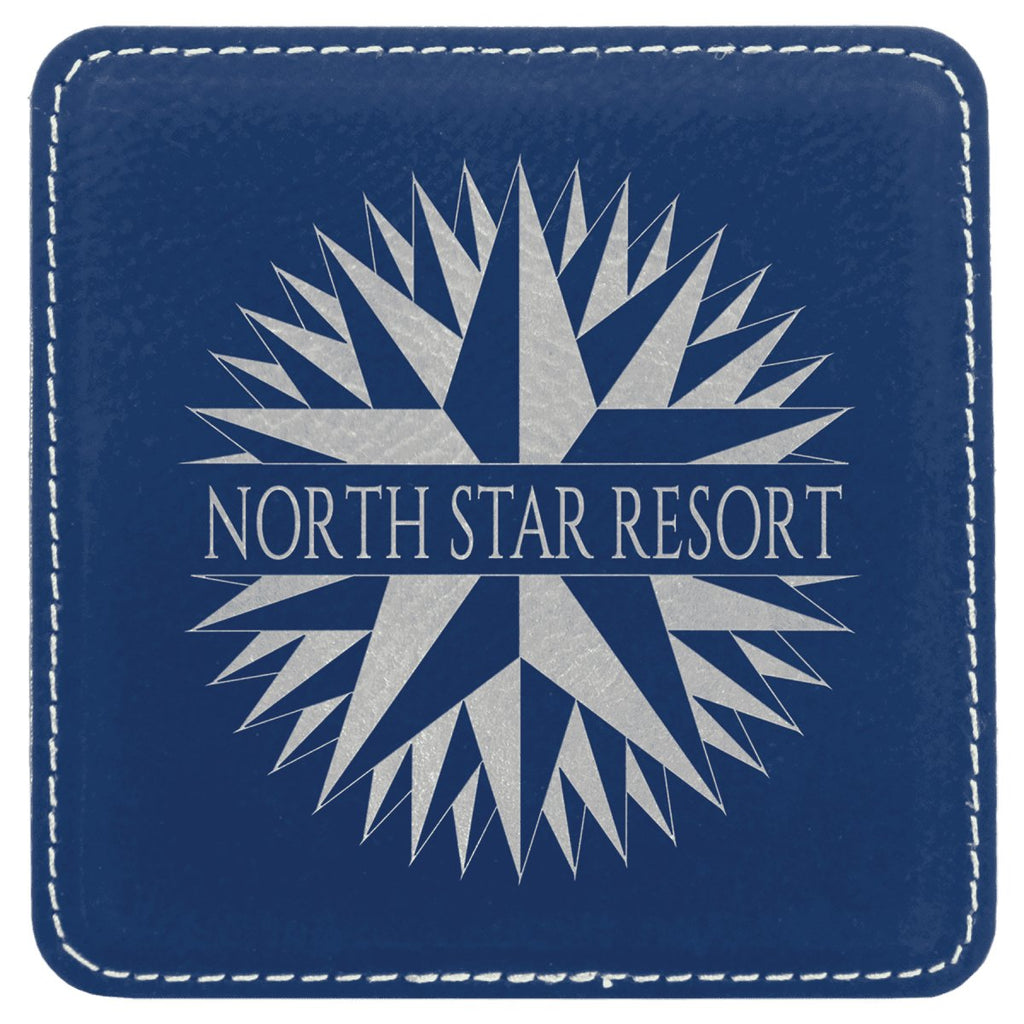 Square Leatherette Coaster 4"x4" Blue w/Silver Engraving at Artisan Branding Company