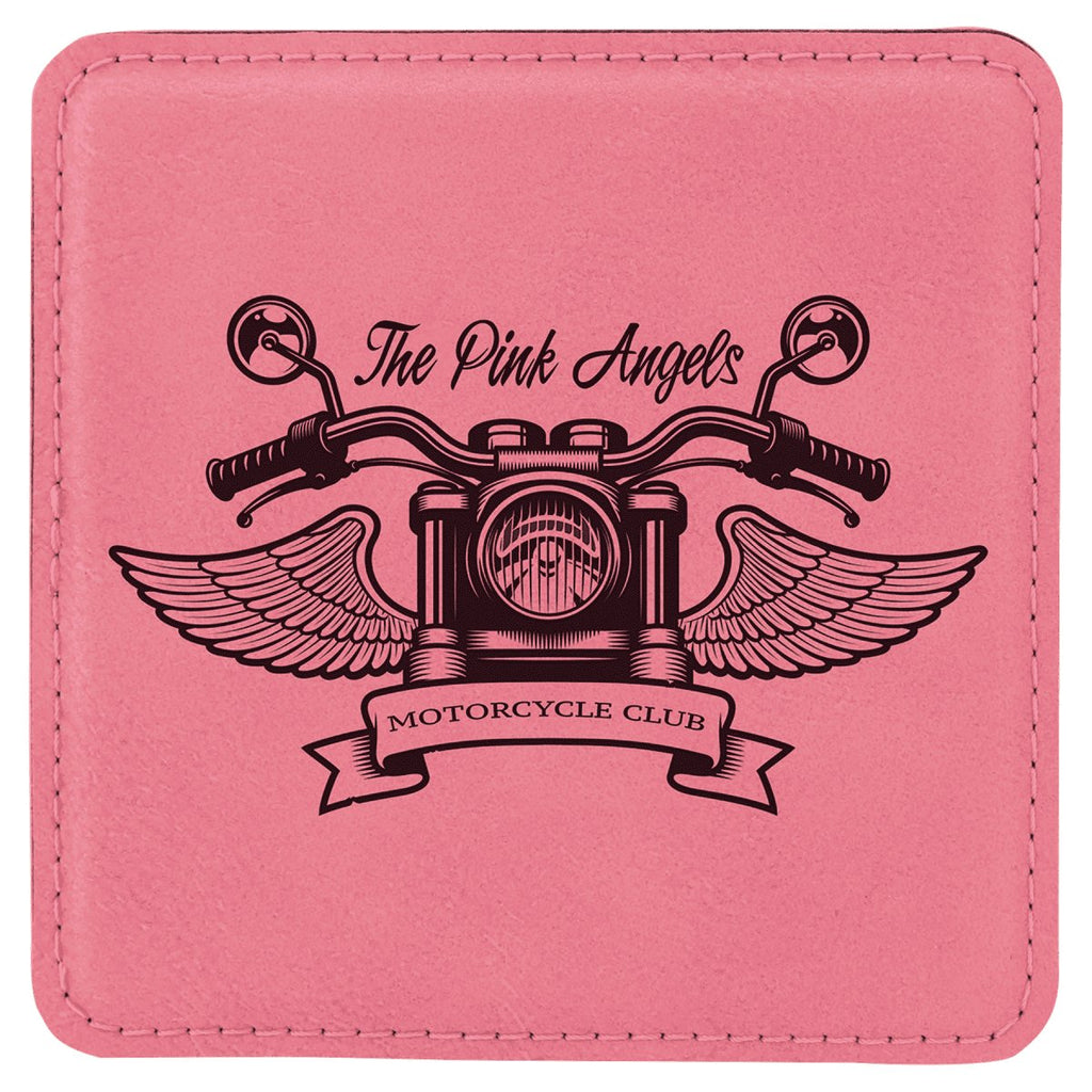 Square Leatherette Coaster 4"x4" Pink w/Black Engraving at Artisan Branding Company