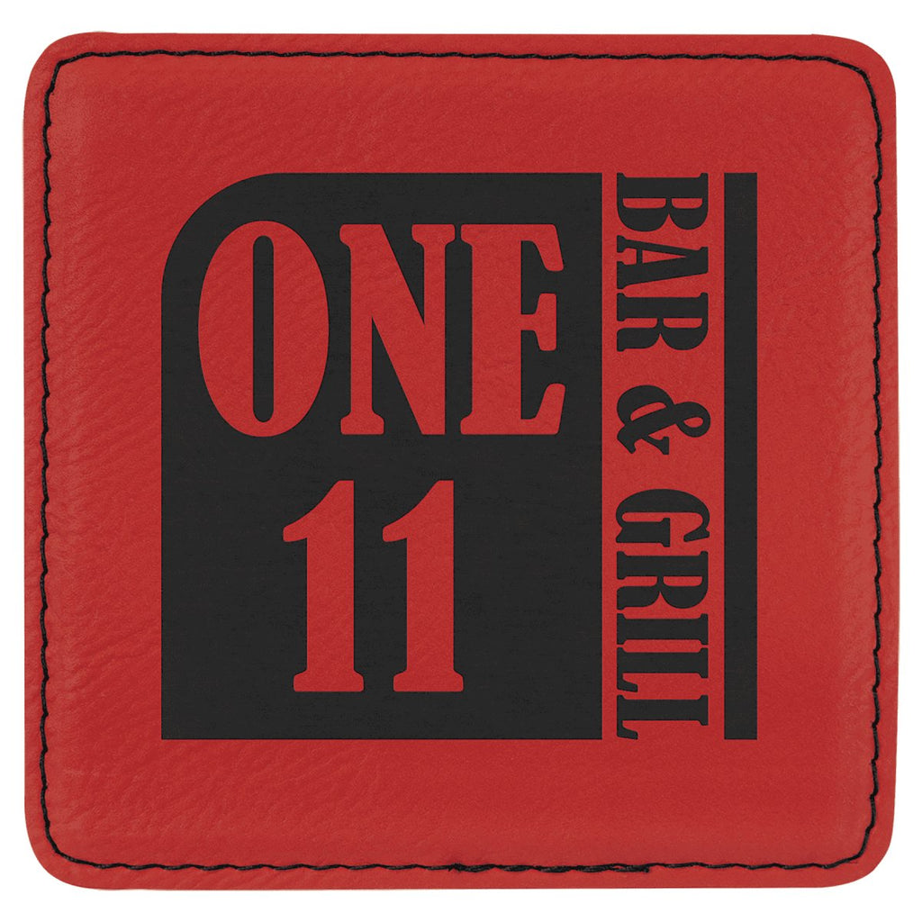 Square Leatherette Coaster 4"x4" Red w/Black Engraving at Artisan Branding Company