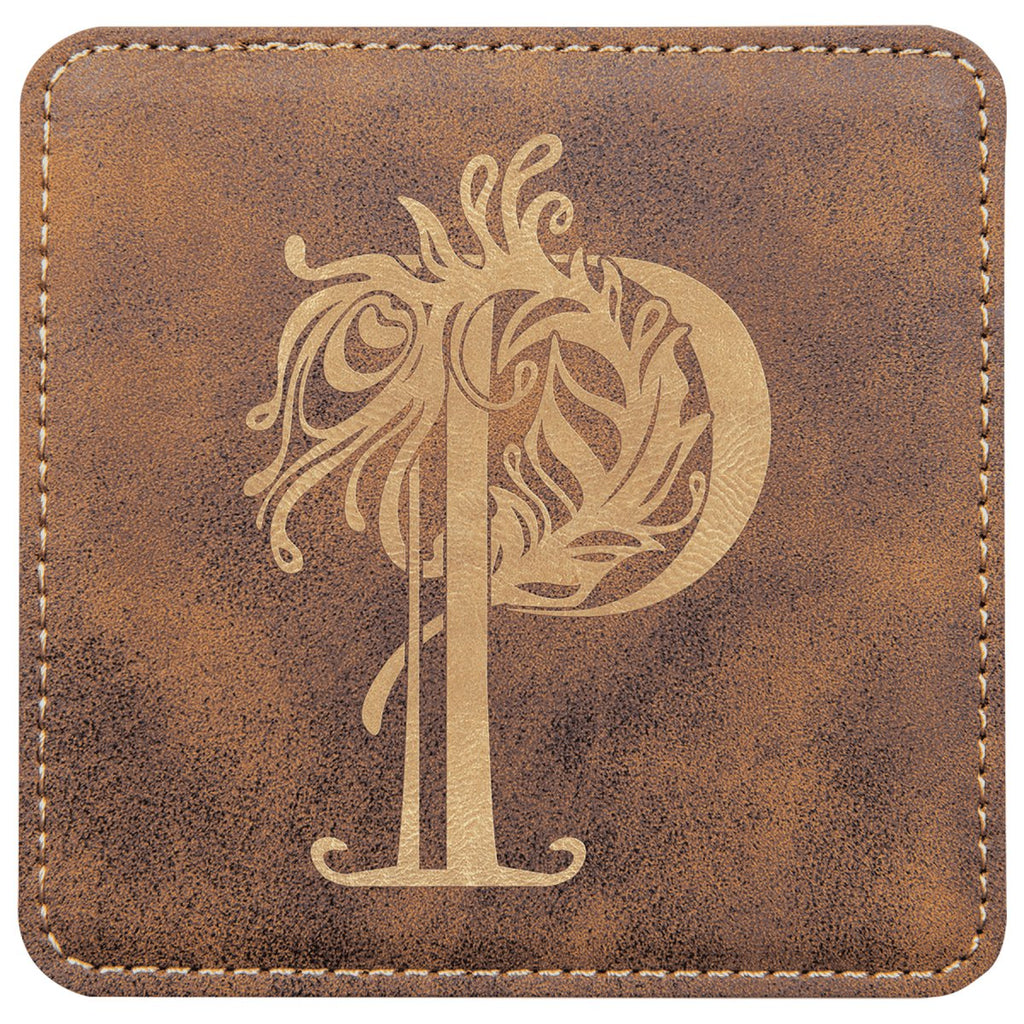 Square Leatherette Coaster 4"x4" Rustic w/Gold Engraving at Artisan Branding Company