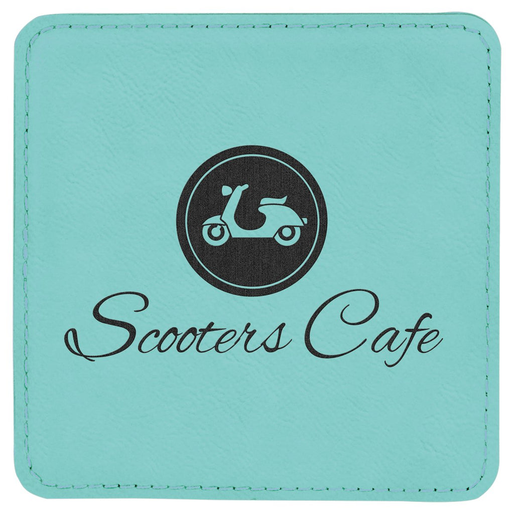 Square Leatherette Coaster 4"x4" Teal w/Black Engraving at Artisan Branding Company