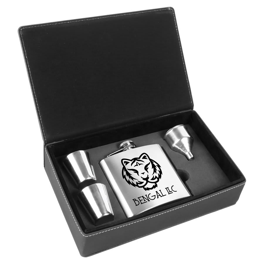 Stainless Steel Flask & Leatherette Box Gift Set Silver w/Black Engraving at Artisan Branding Company