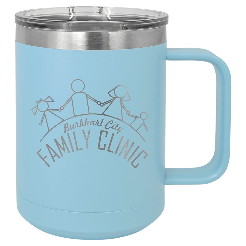 Travel Coffee Mug w/Handle & Slider Lid 15oz -Polar Camel Light Blue at Artisan Branding Company