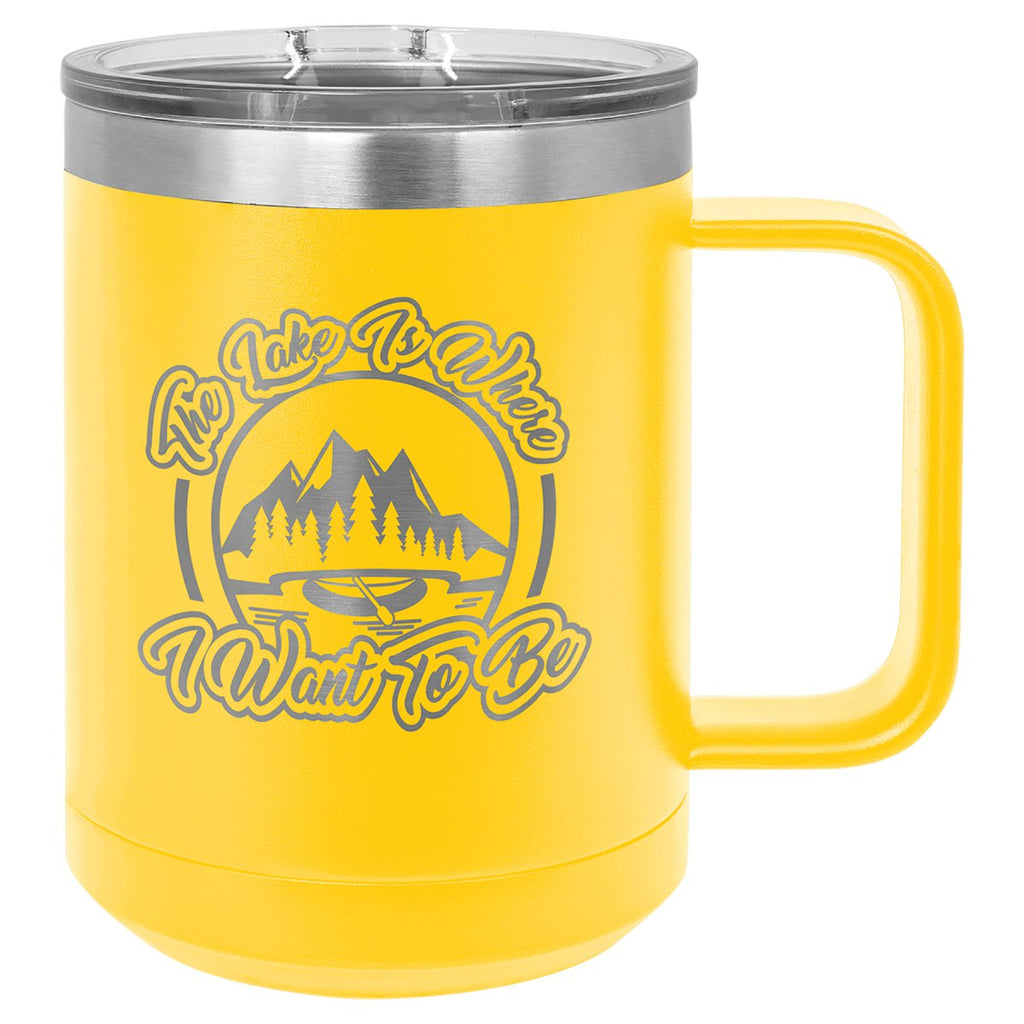 Travel Coffee Mug w/Handle & Slider Lid 15oz -Polar Camel Yellow at Artisan Branding Company