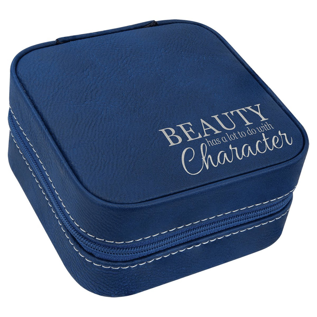 Travel Jewelry Box 4" X 4" -Leatherette Blue w/Silver Engraving at Artisan Branding Company