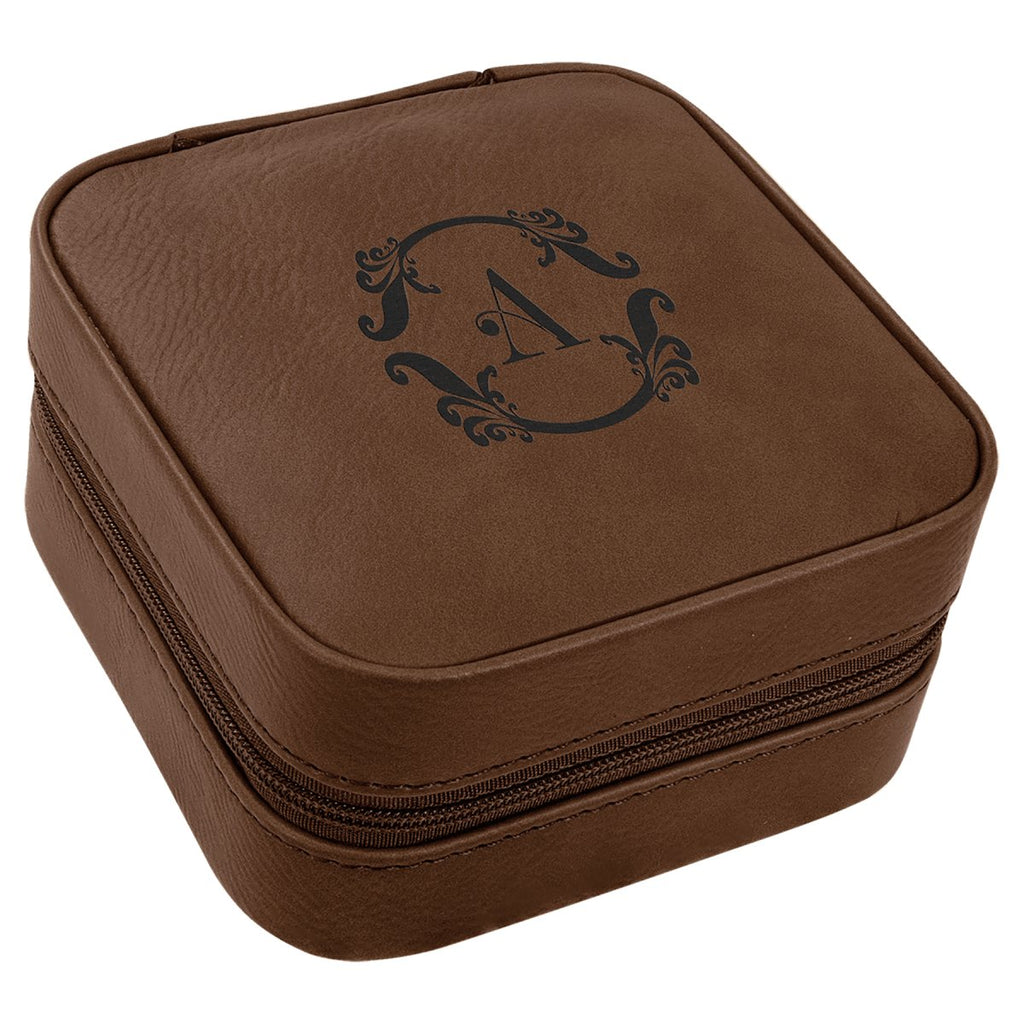 Travel Jewelry Box 4" X 4" -Leatherette Dark Brown w/Black Engraving at Artisan Branding Company