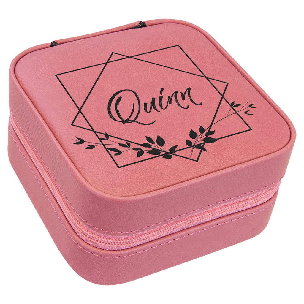 Travel Jewelry Box 4" X 4" -Leatherette Pink w/Black Engraving at Artisan Branding Company