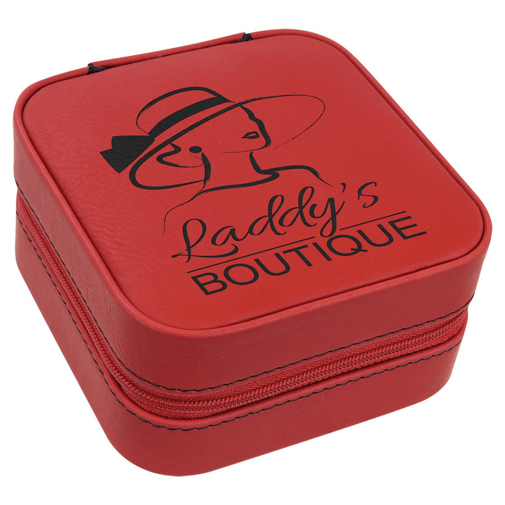 Travel Jewelry Box 4" X 4" -Leatherette Red w/Black Engraving at Artisan Branding Company