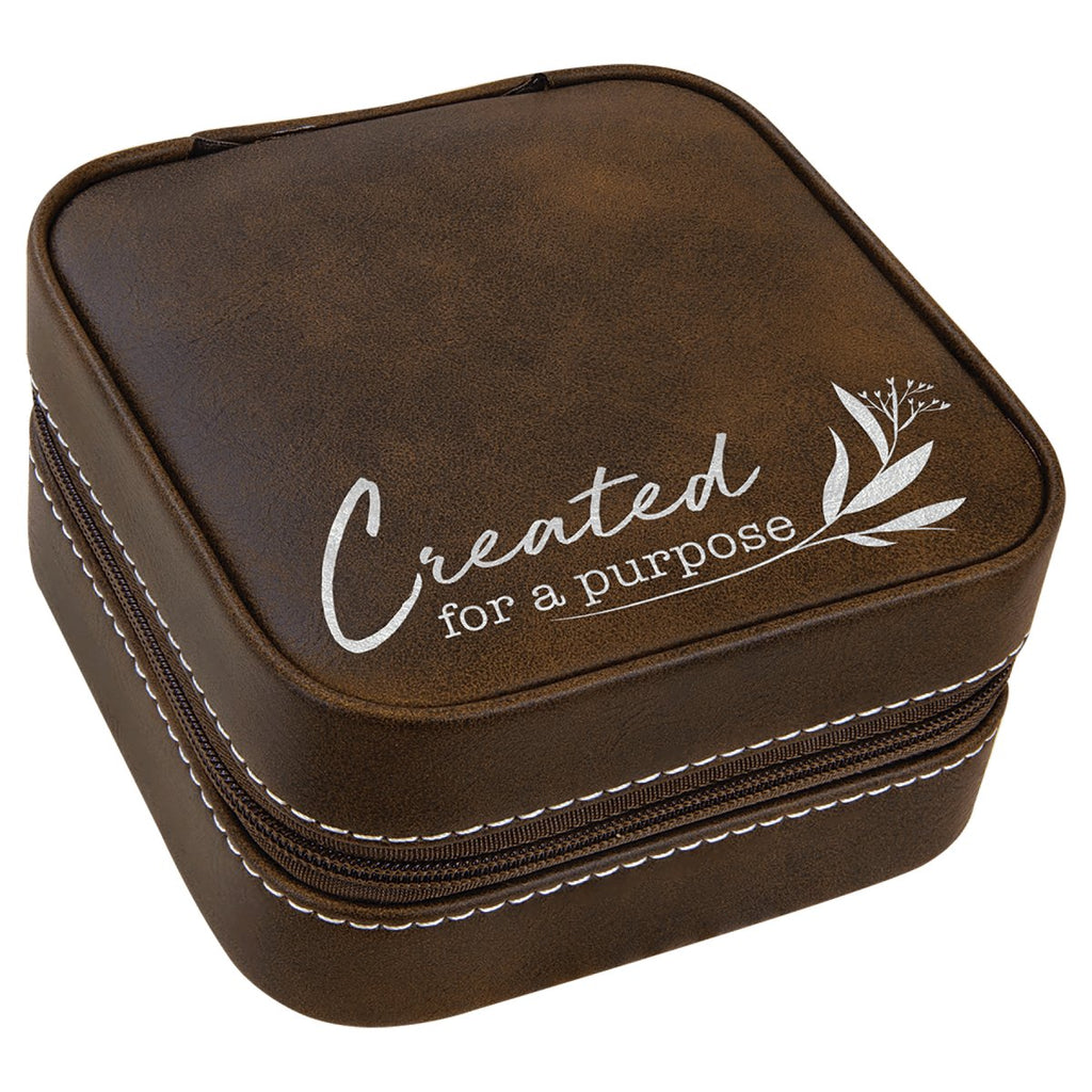 Travel Jewelry Box 4" X 4" -Leatherette Rustic w/Silver Engraving at Artisan Branding Company