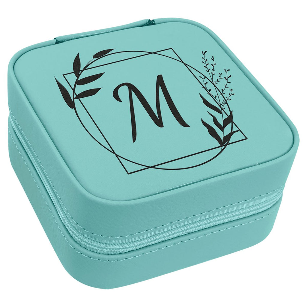 Travel Jewelry Box 4" X 4" -Leatherette Teal w/Black Engraving at Artisan Branding Company