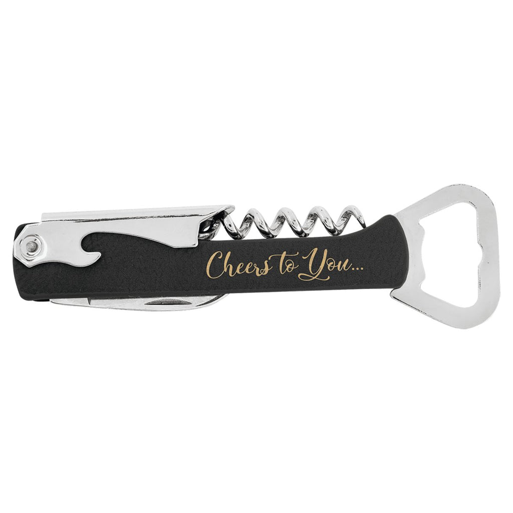 Wine Bottle Opener Leatherette Black w/Gold Engraving at Artisan Branding Company