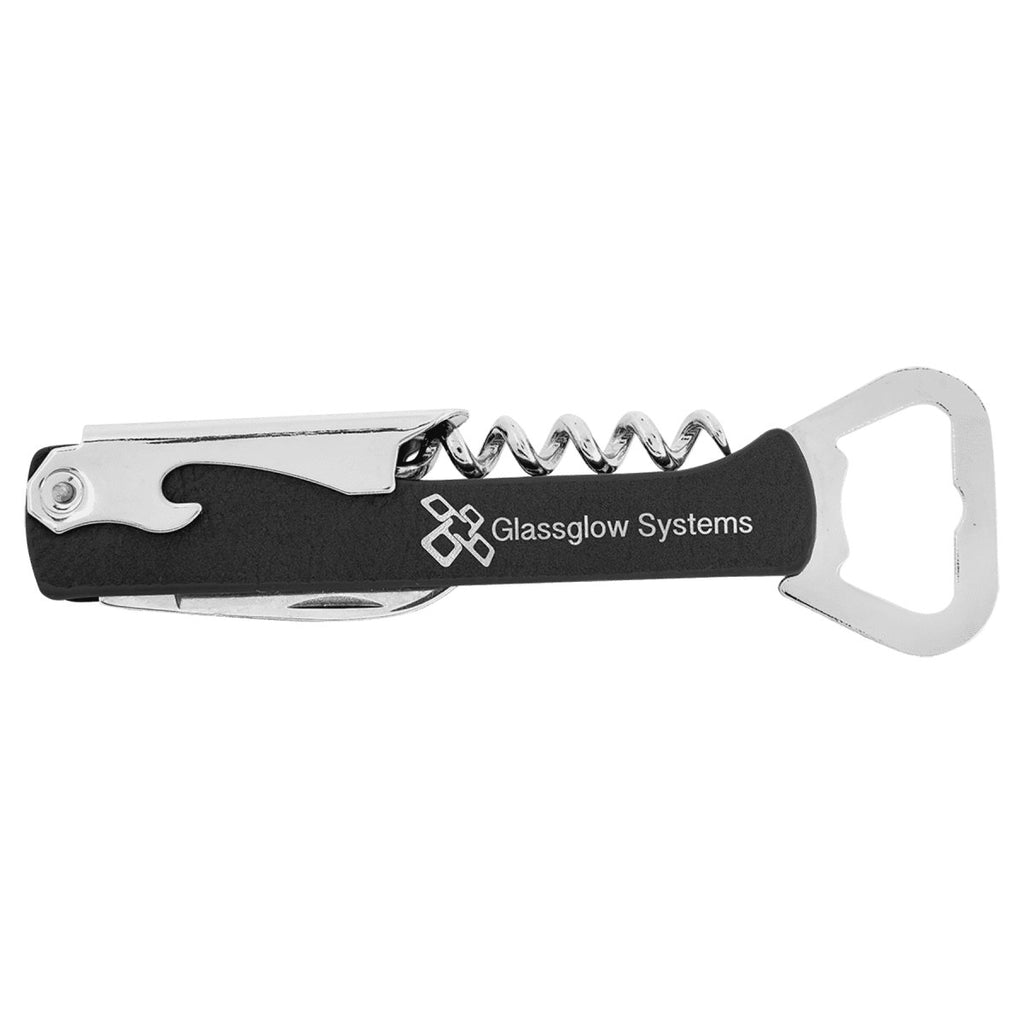 Wine Bottle Opener Leatherette Black w/Silver Engraving at Artisan Branding Company