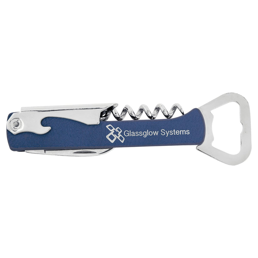 Wine Bottle Opener Leatherette Blue w/Silver Engraving at Artisan Branding Company