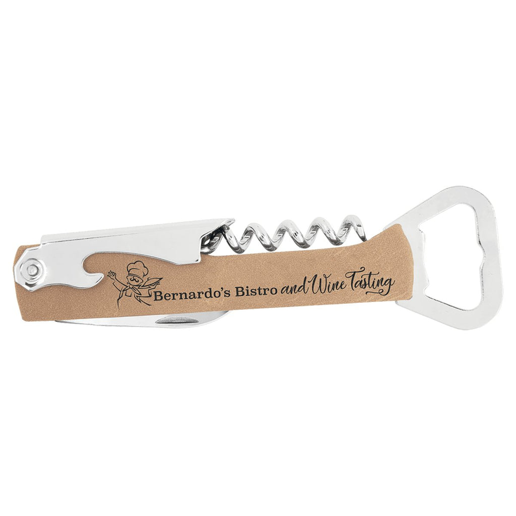 Wine Bottle Opener Leatherette Light Brown w/Black Engraving at Artisan Branding Company