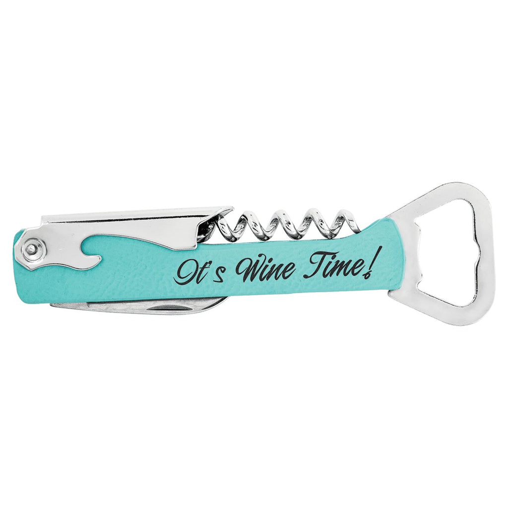 Wine Bottle Opener Leatherette Teal w/Black Engraving at Artisan Branding Company