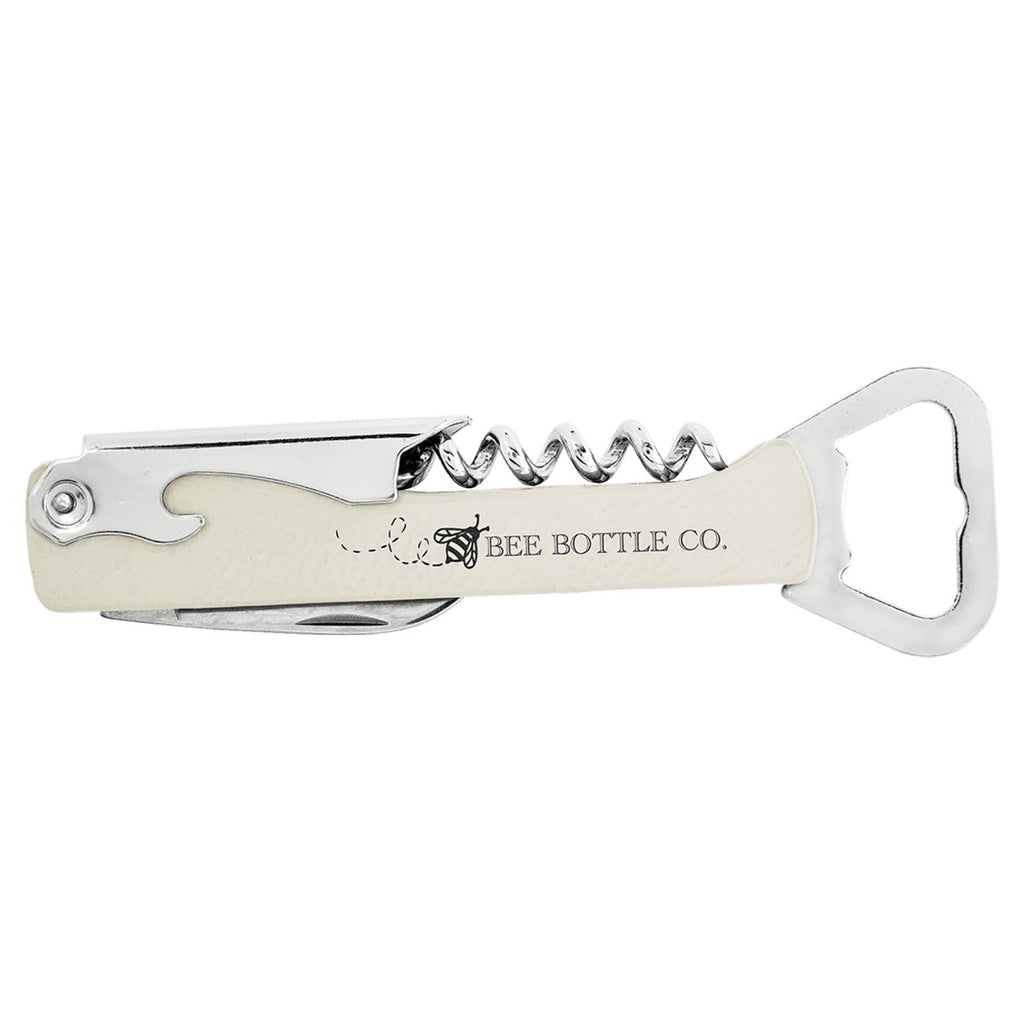 Wine Bottle Opener Leatherette White w/Black Engraving at Artisan Branding Company