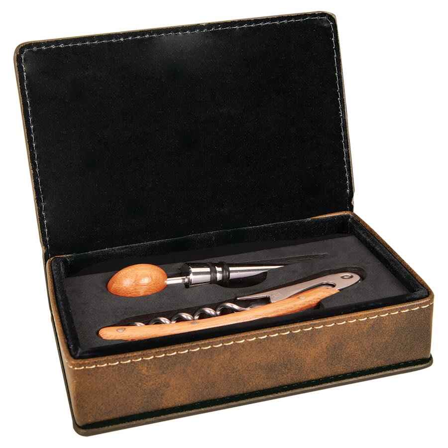 Wine Tool Box Set Leatherette 2 Piece Rustic w/Gold Engraving at Artisan Branding Company