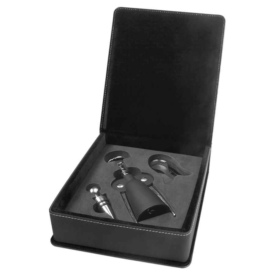 Wine Tool Box Set Leatherette 3 Piece Black w/Silver Engraving at Artisan Branding Company