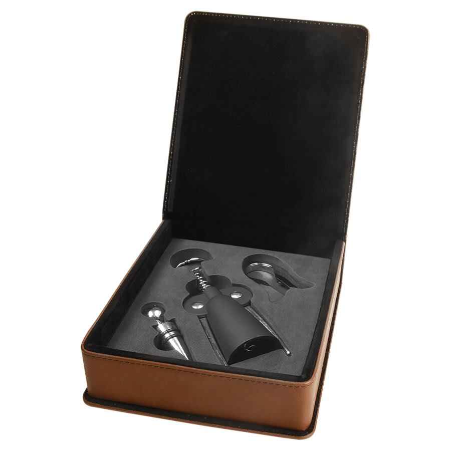 Wine Tool Box Set Leatherette 3 Piece Dark Brown w/Black Engraving at Artisan Branding Company