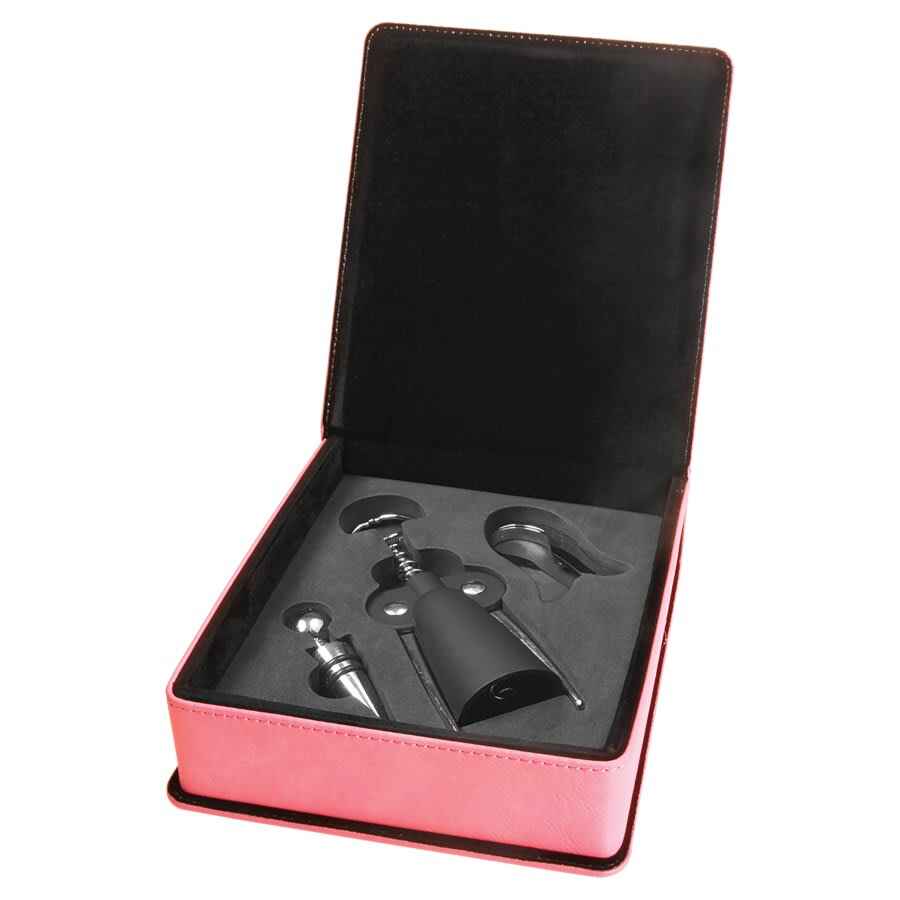 Wine Tool Box Set Leatherette 3 Piece Pink w/Black Engraving at Artisan Branding Company