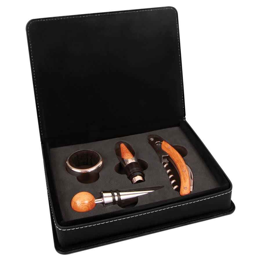 Wine Tool Box Set Leatherette 4 Piece Black w/Silver Engraving at Artisan Branding Company