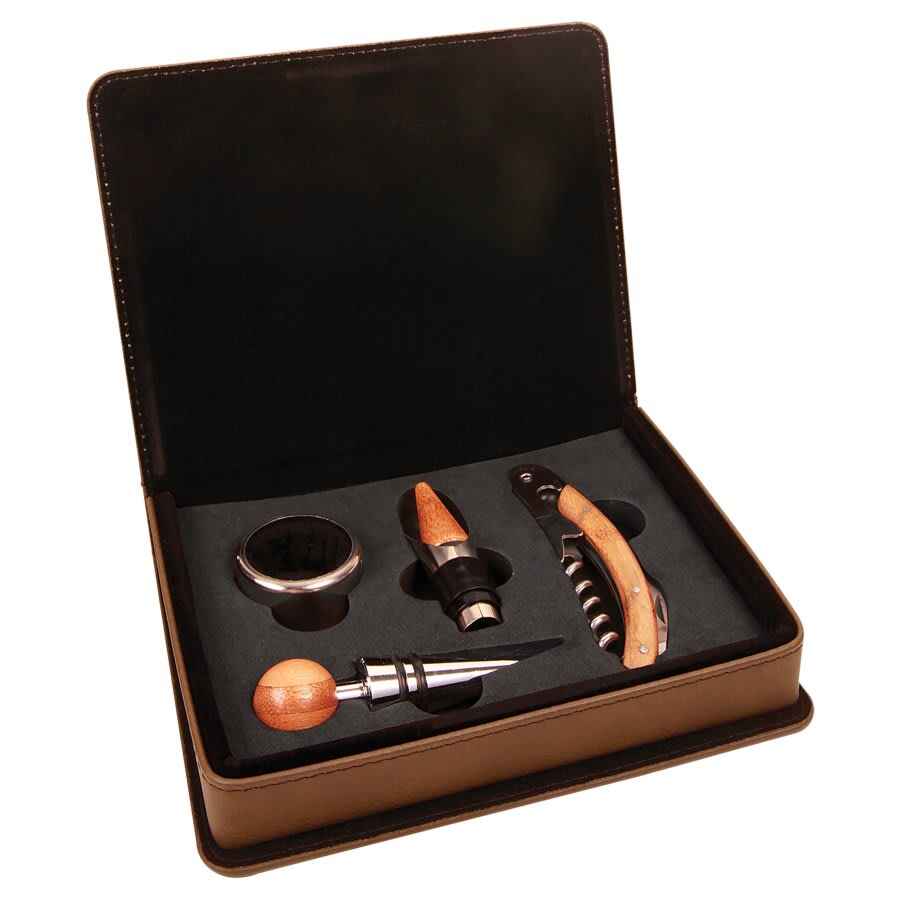 Wine Tool Box Set Leatherette 4 Piece Dark Brown w/Black Engraving at Artisan Branding Company