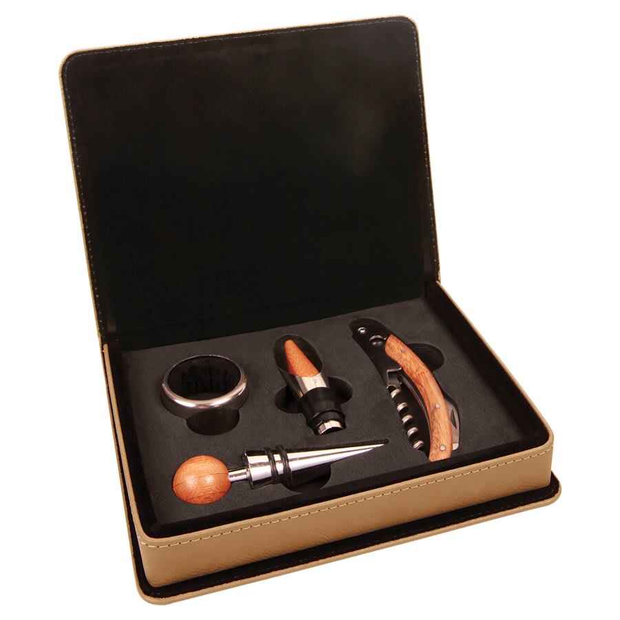 Wine Tool Box Set Leatherette 4 Piece Light Brown w/Black Engraving at Artisan Branding Company