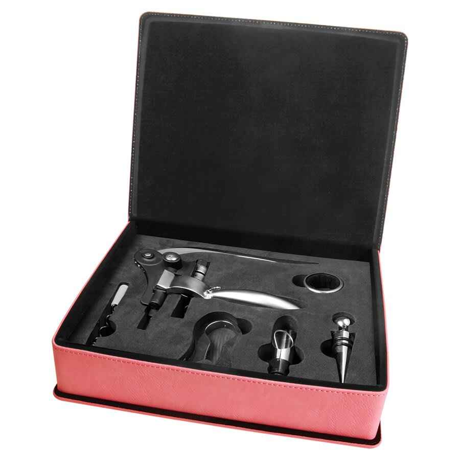 Wine Tool Box Set Leatherette 5 Piece Pink w/Black Engraving at Artisan Branding Company