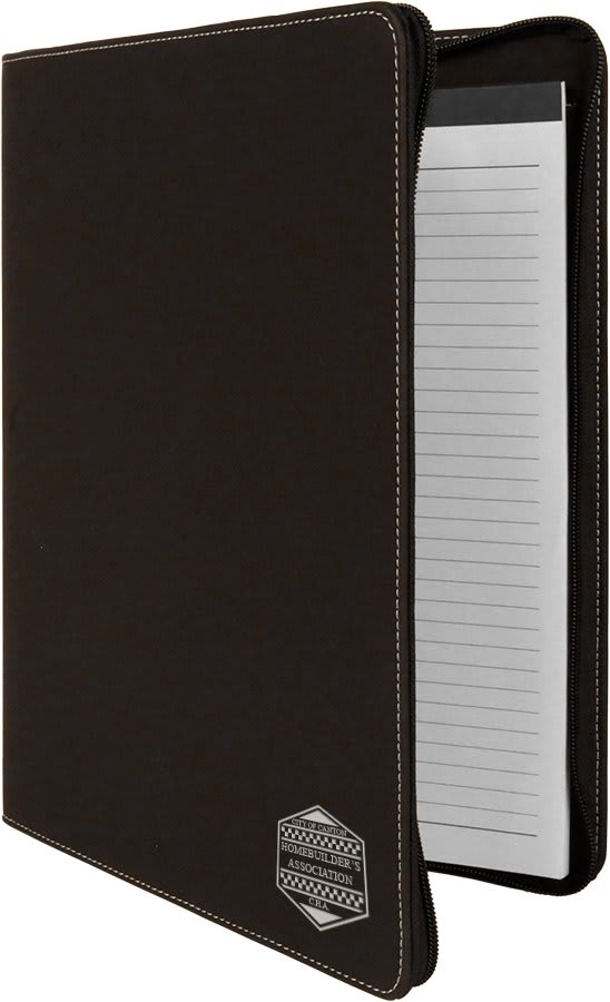 Zipper Portfolio w/Notepad Leatherette 9 1/2" x 12" Black w/Silver Engraving at Artisan Branding Company