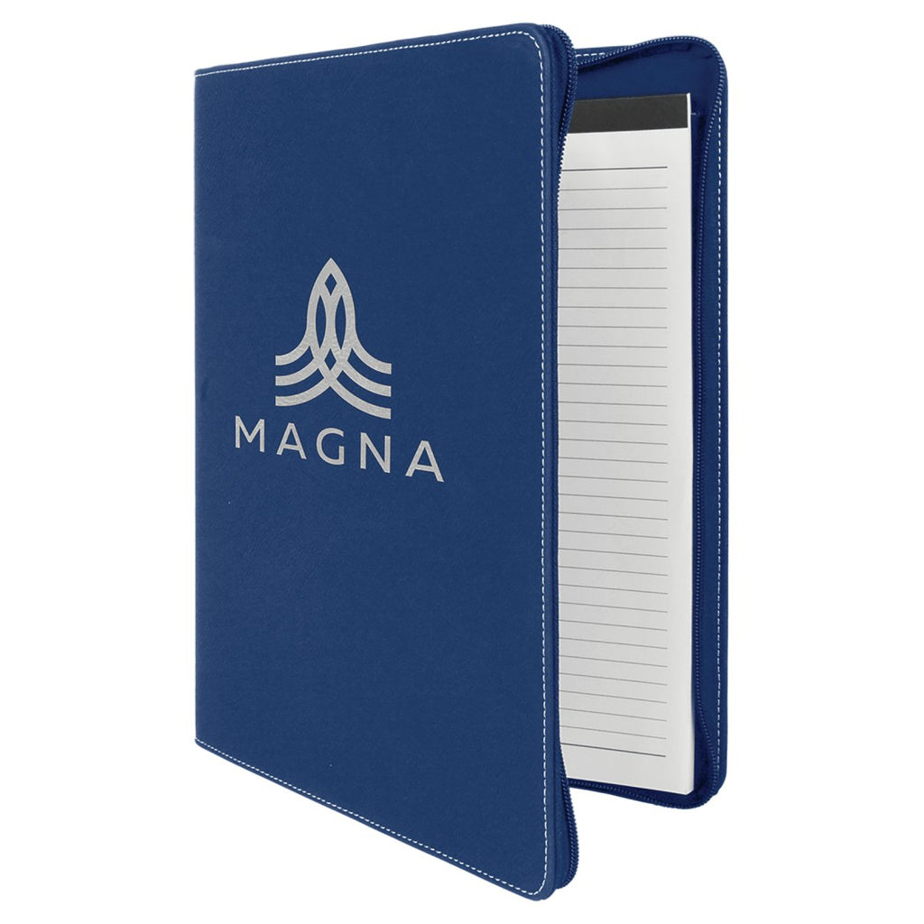 Zipper Portfolio w/Notepad Leatherette 9 1/2" x 12" Blue w/Silver Engraving at Artisan Branding Company